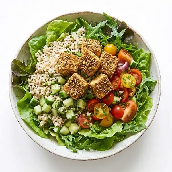 Dukkha Spiced  Tofu With Brown Rice Salad And Lemon Herb Dressing