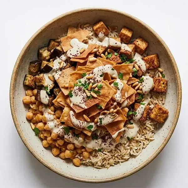 Eggplant Fatteh With Crispy Bread Layers & Tahini Yogurt