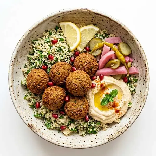 Falafel Buddha Bowl with Hummus, Pickles & Lemon Bulgur