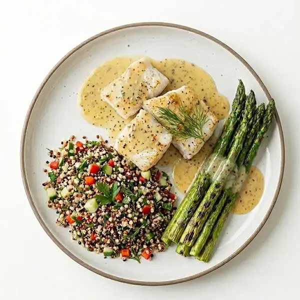 Fish En Papillote With Vibrant Quinoa, Grilled Asparagus And Rich Garlic Butter Sauce
