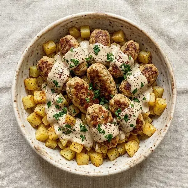 Fish Kofta In Tahini Sauce With Baked Potatoes
