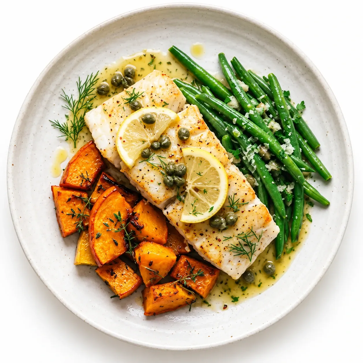 Fish Piccata With Roasted Pumpkin And Beans