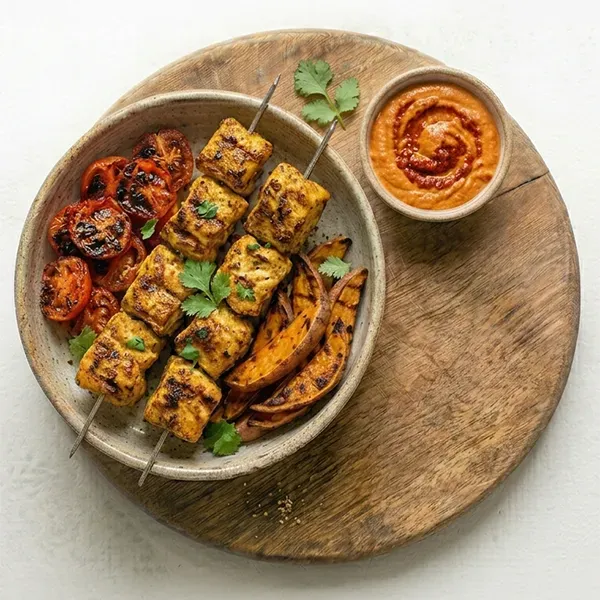 Fish Tawook with Grilled Tomato , Sweet Potato & Harissa Tahini Dip