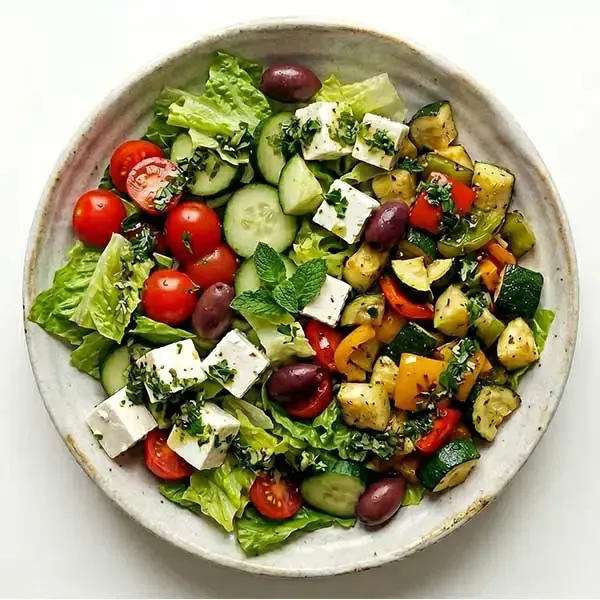 Fresh Garden Greek Salad With Roasted Veggies And Herb Mint Drizzle