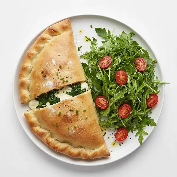 Garden Spinach And Melted Cheese Calzone With Herby Salad