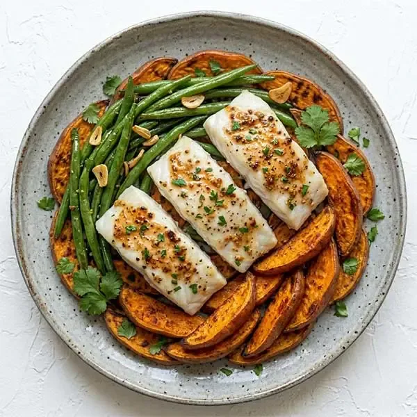 Garlic Dijon Roasted Fish With Sweet Potato And Green Beans