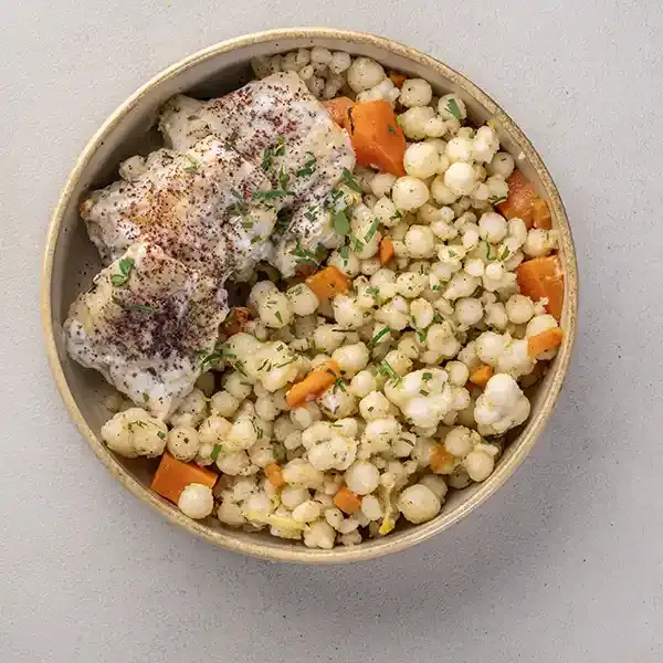 Garlic-Herb Fish With Roasted Carrots & Pearl Couscous