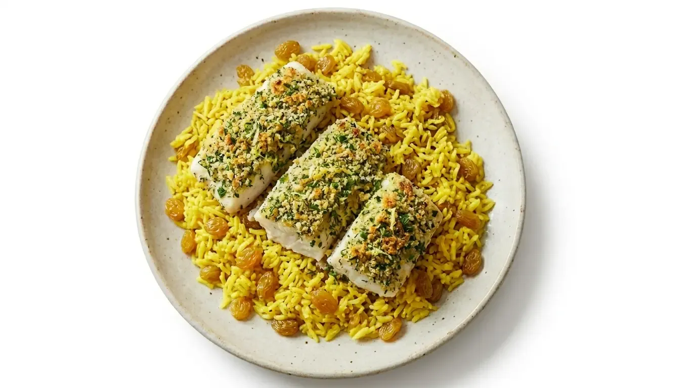 Tangy Herb-Crusted Fish Over Fluffy Turmeric Pilaf With Golden Raisin Bursts