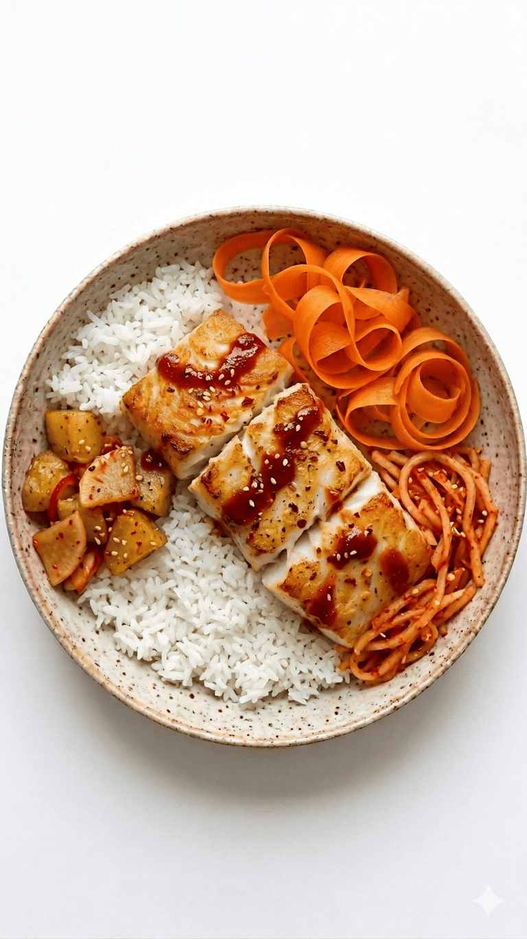 Korean Fish & Rice Bowl with Carrot Shavings & Radish