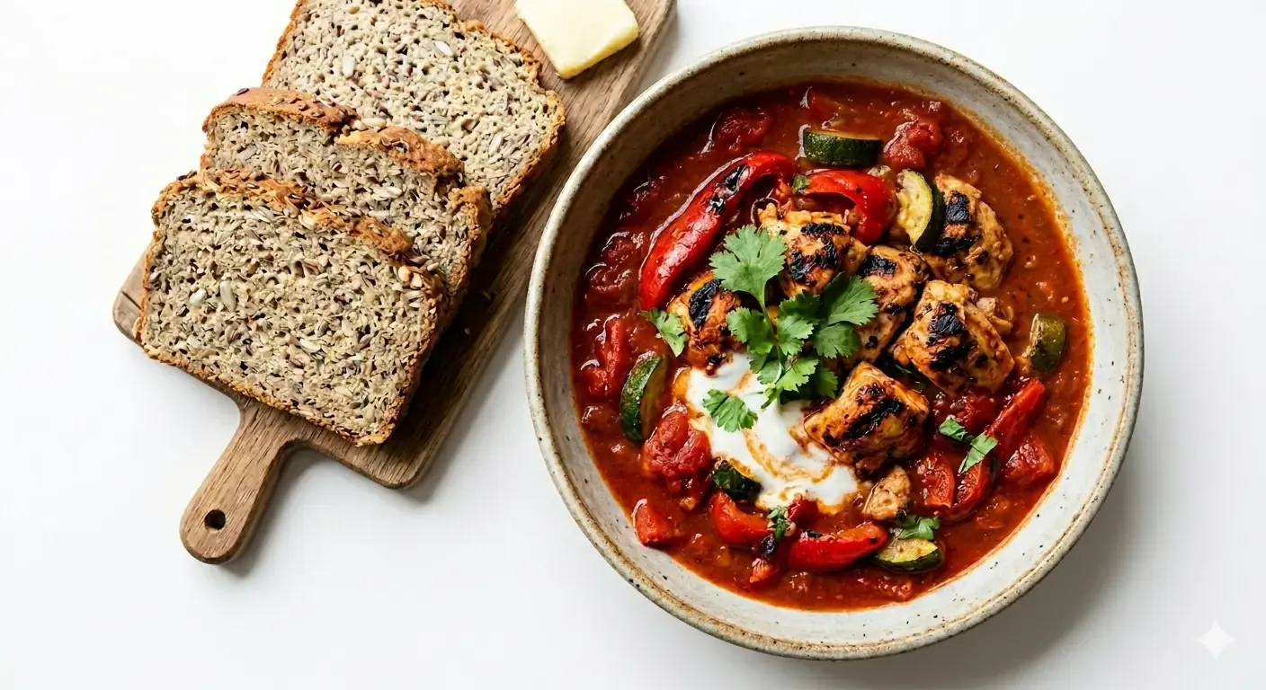 Harissa Grilled Chicken Stew With Keto Protein Bread