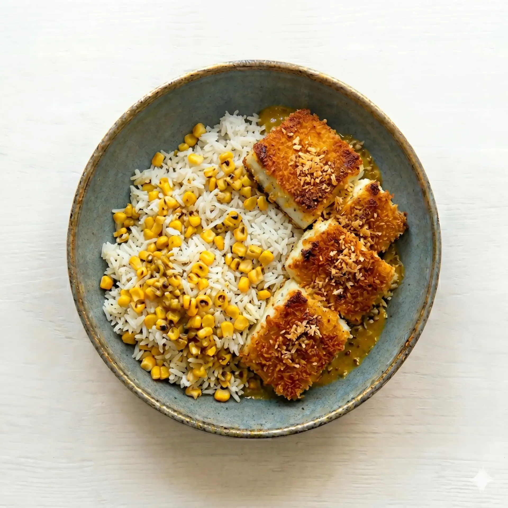 Panko Crusted Fish Curry Bowl with Sweet Corn Rice