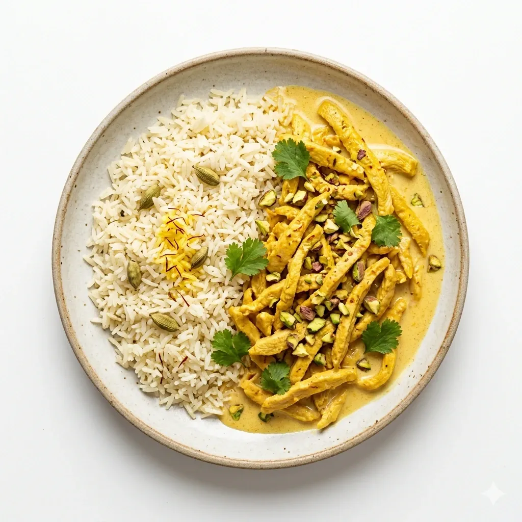 Saffron-Milk Braised Chicken With Cardamom Jasmine Rice