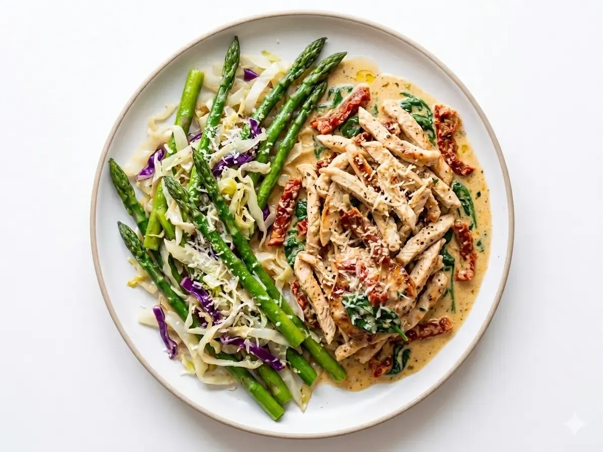 Creamy Tuscan Chicken  with Garlic Butter Asparagus and Cabbage Mix