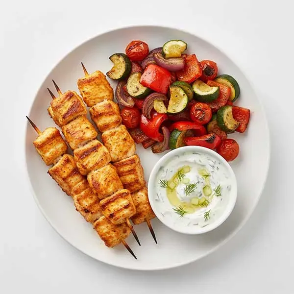 Ginger Paprika Fish Kebab With Char Roasted Vegetable & Tzatziki Sauce