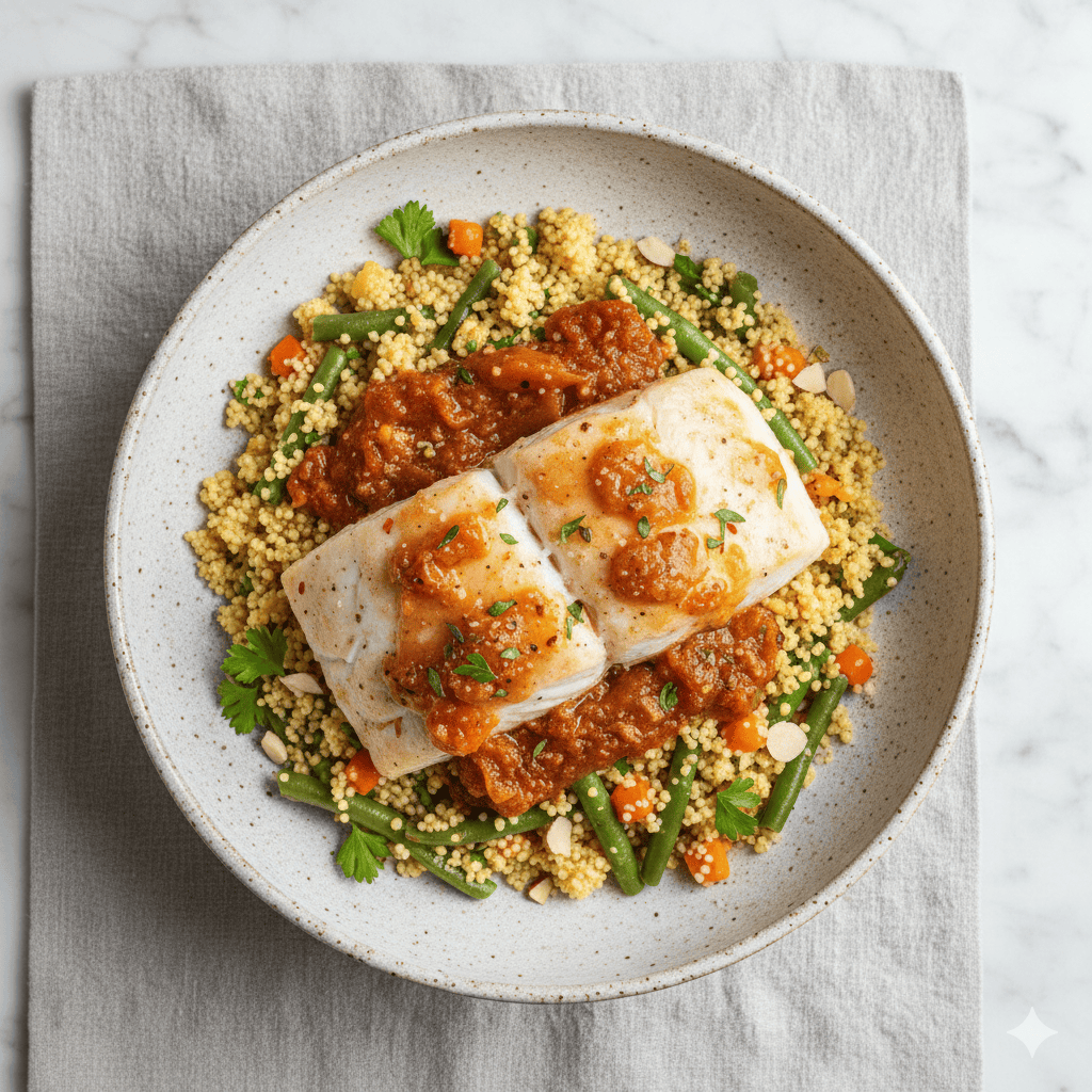 Glazed Fish With Spiced Apricot Sauce And Carrot - Bean Cous Cous