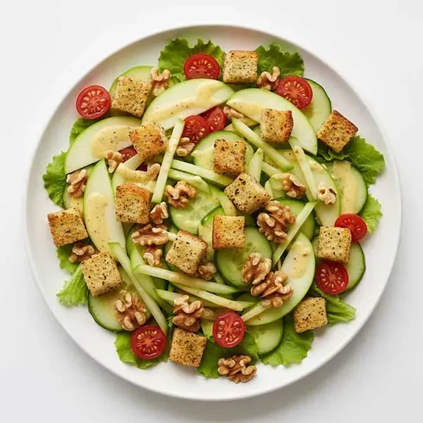 Granny Smith Apple Salad With Walnut, Cucumber, Parmesan Garlic Croutons With Mustard Dressing