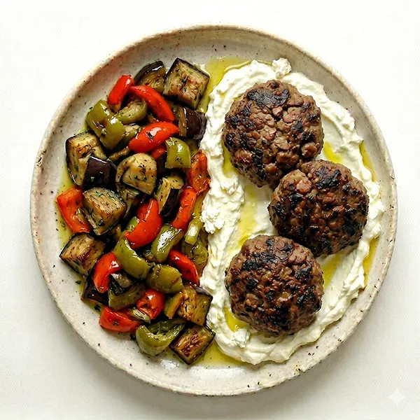 Greek Biftekia With Roasted Eggplant, Peppers, And Whipped Feta