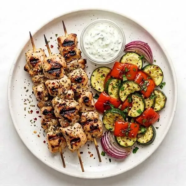 Greek Chicken Skewers with Whipped Feta And Vegetable