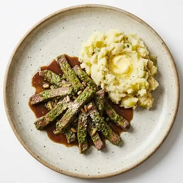 Green Garden Beef Roast With Smashed Leek Potatoes & Truffle-Scented Jus