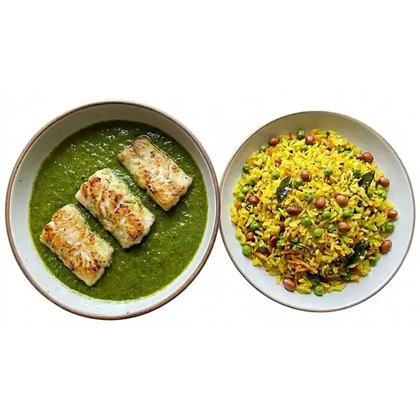Green Masala Pan-Seared Fish  With Peanut Tempered Rice