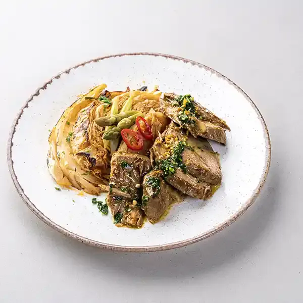 Grilled  Strips With Asparagus & Garlic Butter Cabbage Steaks