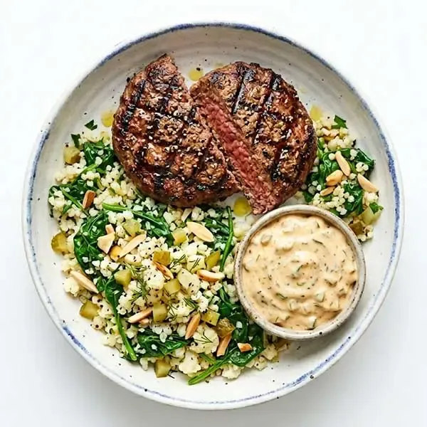 Grilled angus beef Patties Bowl with gherkin burger sauce