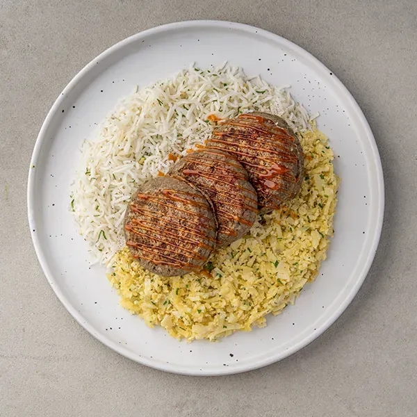Grilled Beef Kibbeh Patties with Turmeric Cauliflower & Rice Blend