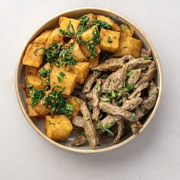 Grilled Beef Strips With Roasted Potato & Wilted Spinach