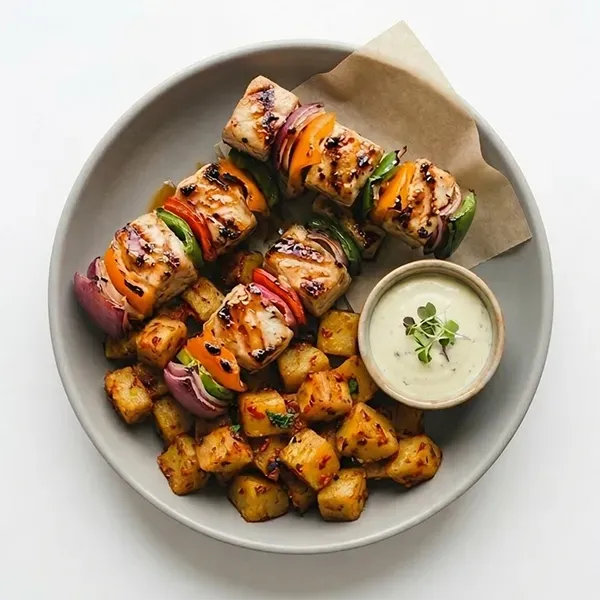 Grilled Fish Shish Kebab With Oven Baked Harra Potato And Citrus Mayo