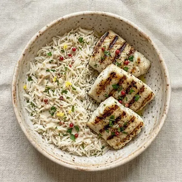 Grilled Fish Steak With Lemon Garlic Rice