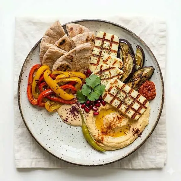 Grilled Halloumi & Roasted Pepper Gyro With Toasted Pita & Hummus