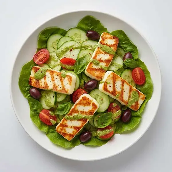 Grilled Halloumi Salad With Spicy Kalamata, Basil Cucumber And Cilantro Dressing