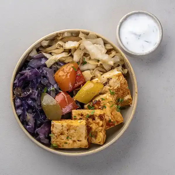 Grilled Halloumi With Roasted Mediterranean Peppers & Cabbage