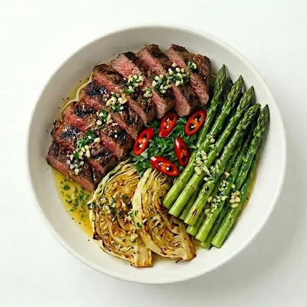 Grilled  Strips with Asparagus & Garlic Butter Cabbage Steaks