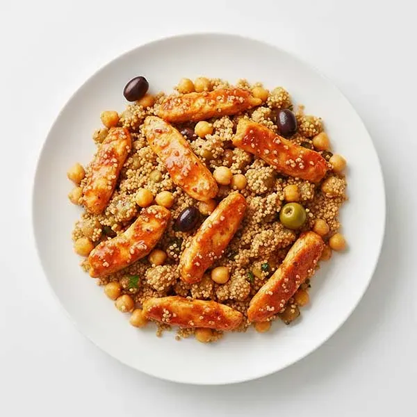 Harissa glazed chicken with chickpeas olives couscous medley