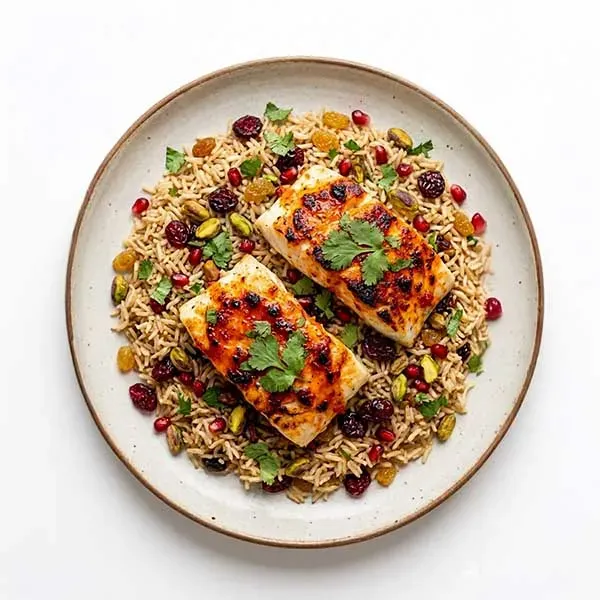 Harissa-Lime Fish with Jewelled Brown Rice Pilaf