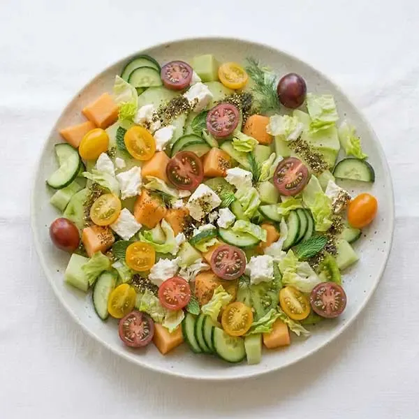 Heirloom Tomato & Melon Salad with Feta & Za'atar Dressing