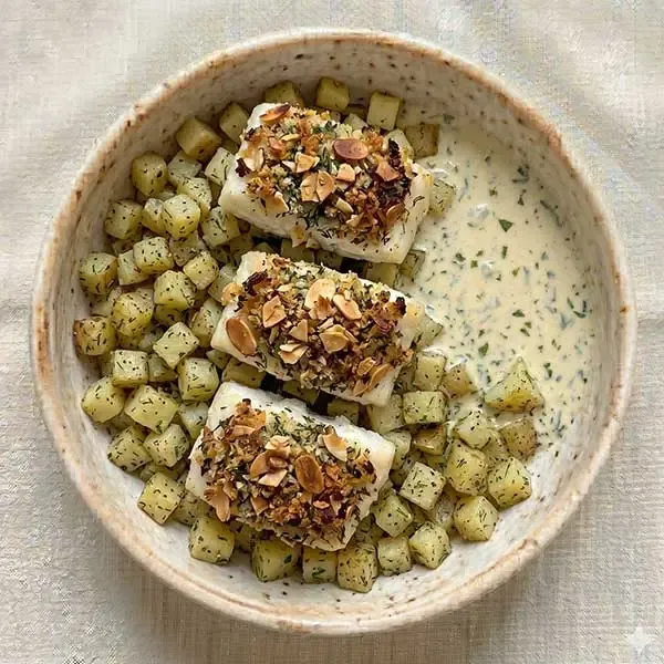 Herb-Crusted Fish With Almond Flakes & New Potatoes