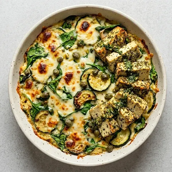Herb-Crusted Tofu With Zucchini And Spinach Cheese Bake