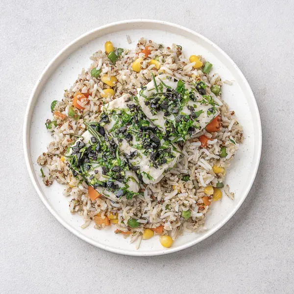 Herb Olive Crusted Fish With Fried Rice & Quinoa Mix