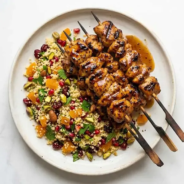 Honey And Ginger Yemeni Glaze Chicken Kabob With Jewelled Cous Cous
