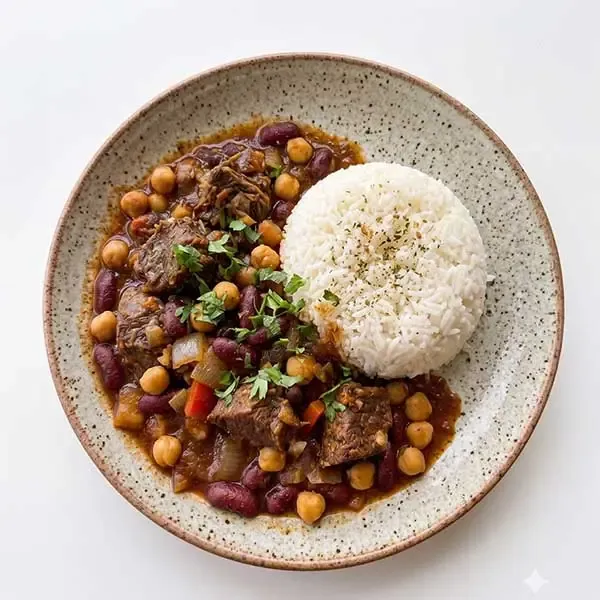 Island Style Beef Beans With Chickpea And Fluffy Rice
