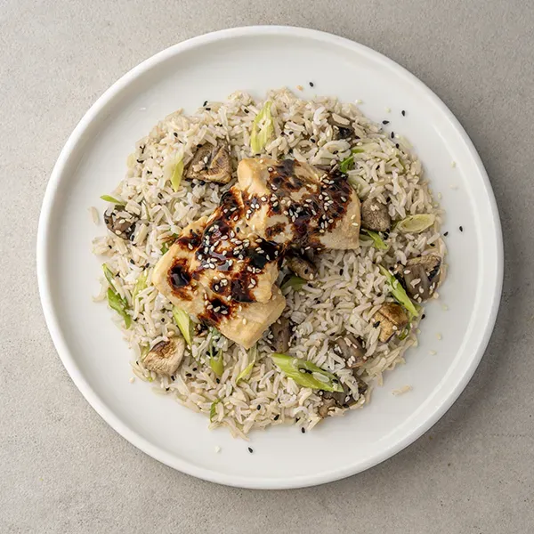 Japanese Miso Marinated Fish with sesame Mushroom brown Rice