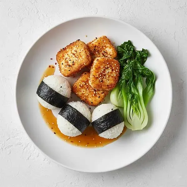 Japanese Style - Crispy Shichimi Cottage Cheese With Nori Rice Balls ,Braised Pok Choy & Soy Ponzu Sauce(V)
