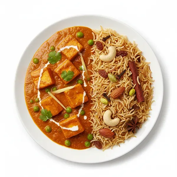 Kashmiri Paneer Mutter Masala With Dry Fruit Pulao