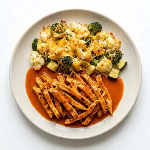 Buffalo Chicken With Cheesy Oven Baked Vegetable