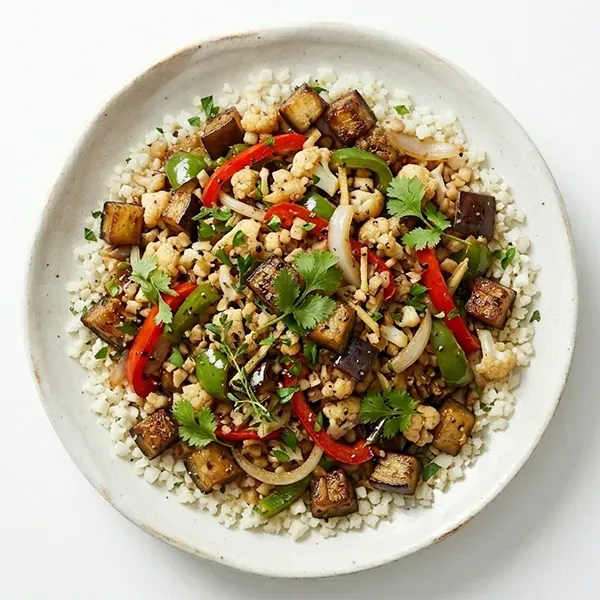 Keto eggplant and vegetable stir fry with mix veggie chop