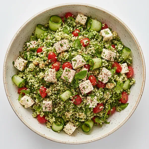 Keto Medieval Tabbouleh Salad with Cauliflower, Cucumber, Minted Cheese & Sumac Lime Dressing
