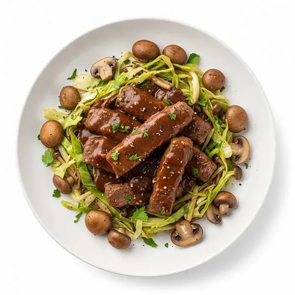 Keto Salisbury Beef Strips With Caramelized Mushroom & Cabbage