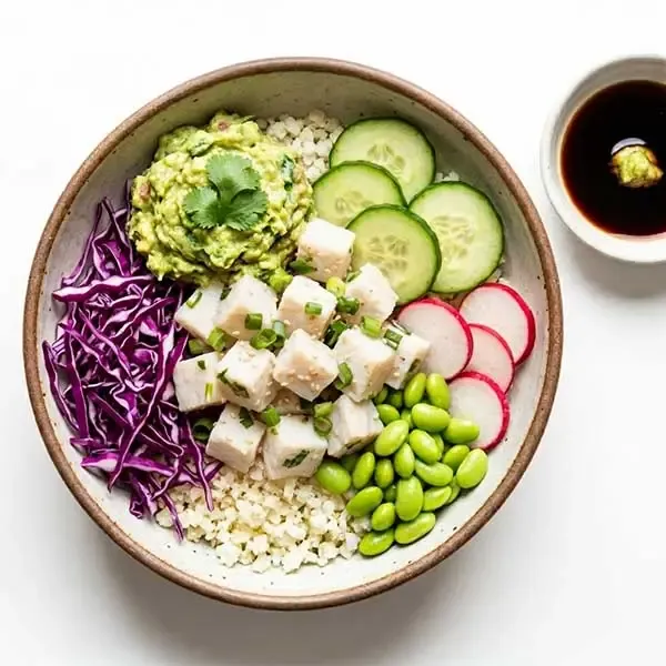 Keto Fish Poké Bowl with Red Cabbage & Guacamole